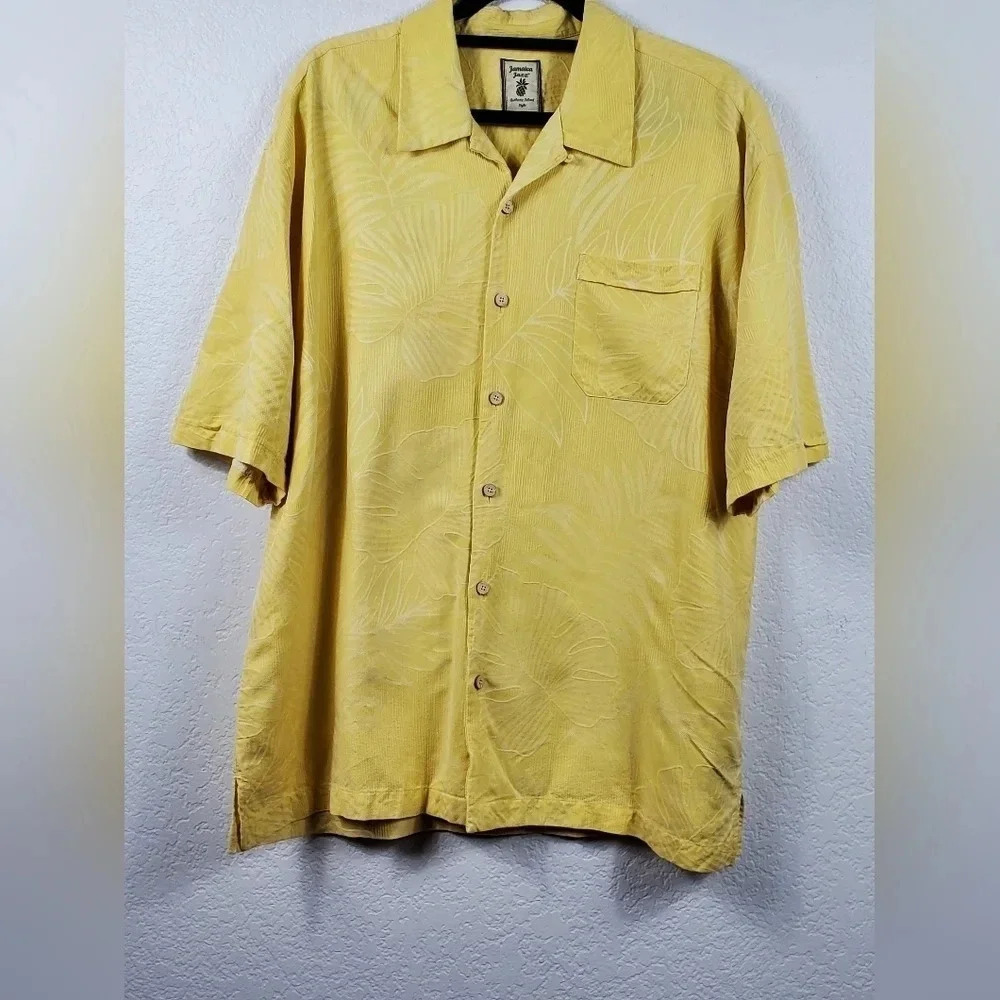 Jamaica Jaxx Tropical Leaves Button Down Shirt 100% Silk Yellow Size XXL Beach